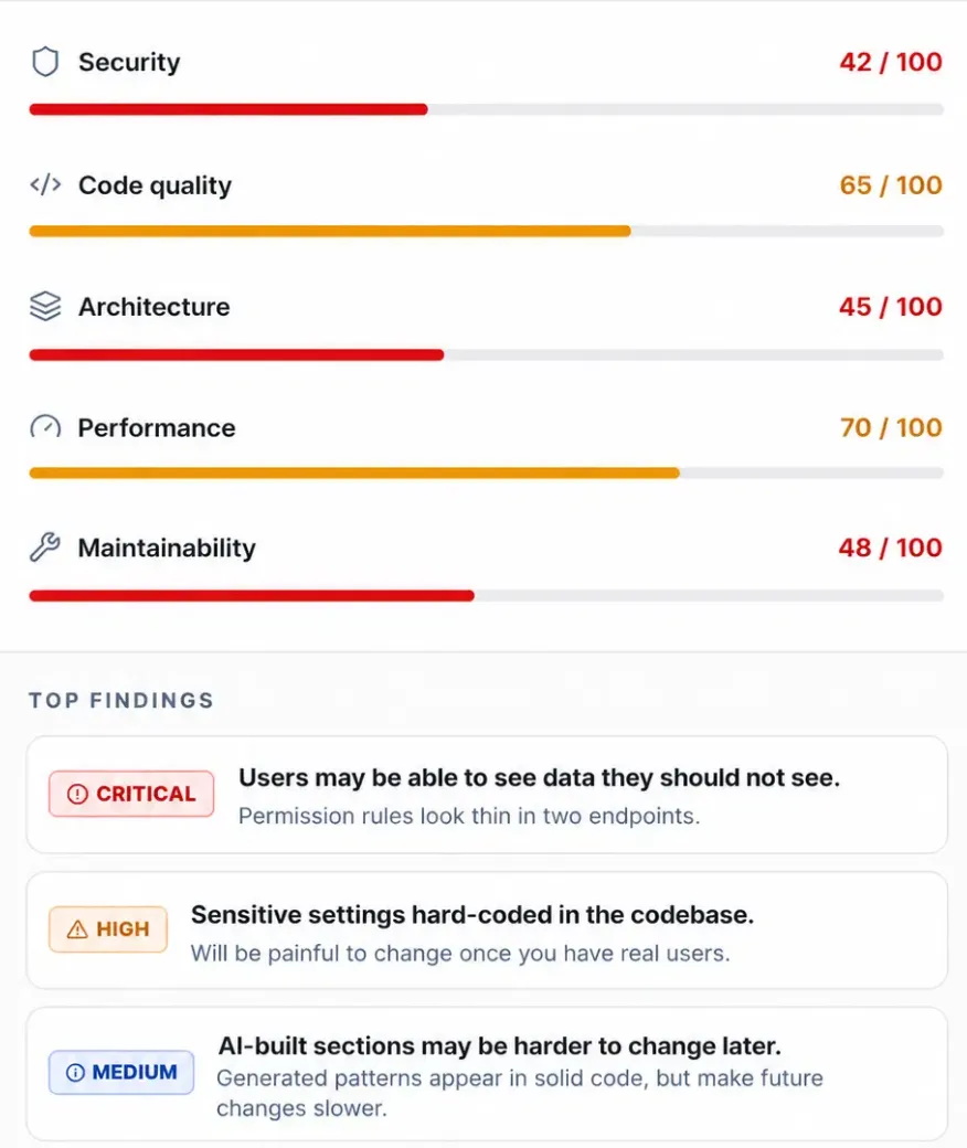 Example software audit result inside CTO in Your Pocket